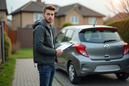 Jeune homme avec documents d'assurance voiture devant une voiture