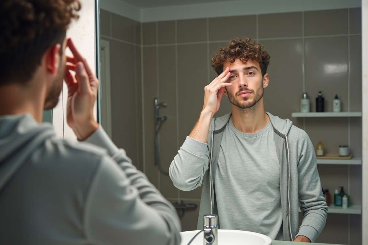 Jeune homme appliquant serum antipollution dans sa salle de bain