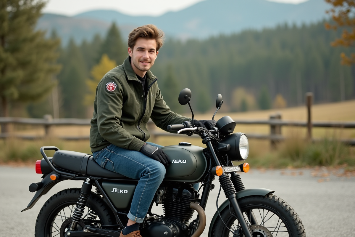 Jeune homme en veste moto en campagne avec moto légère