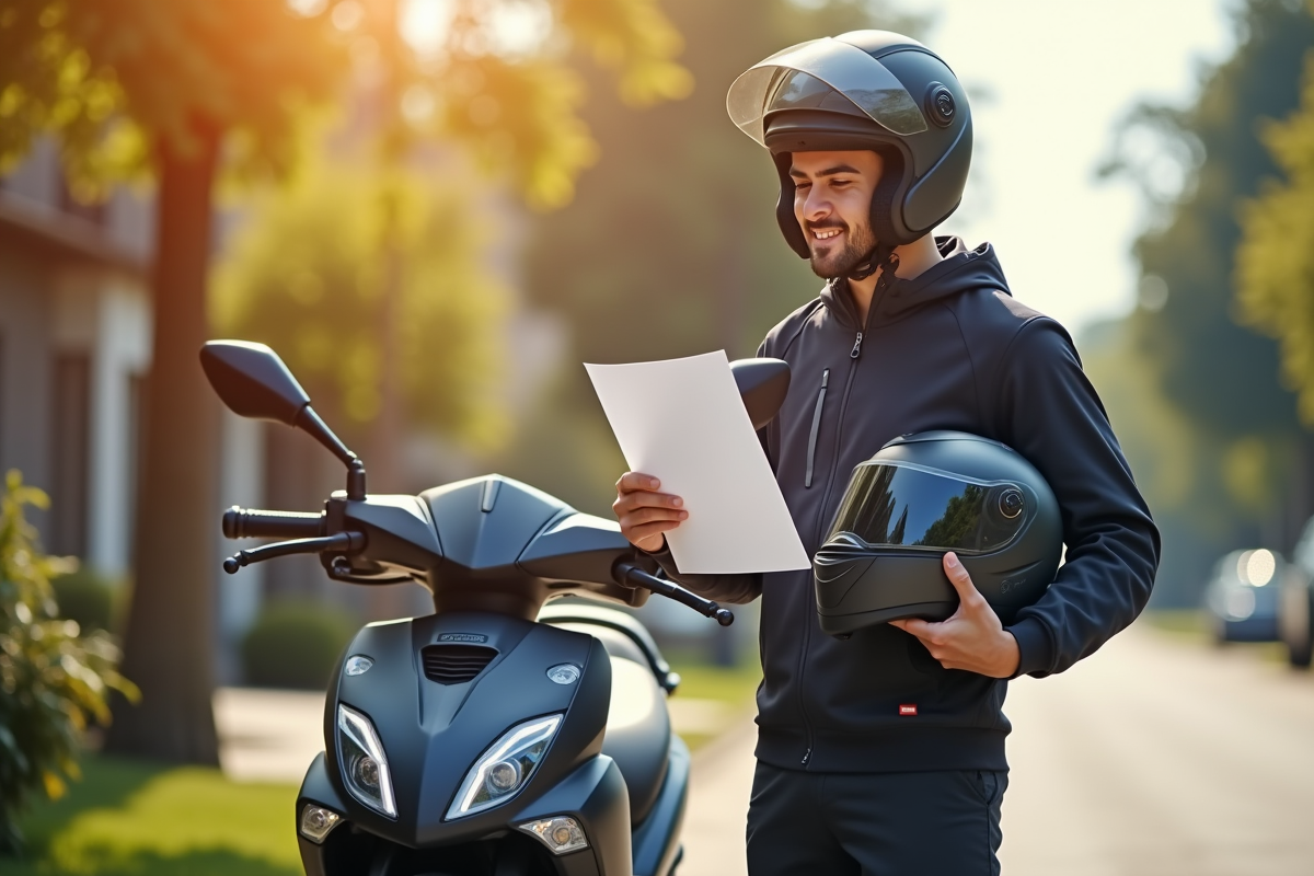Jeune homme en équipement moto tenant un casque devant une moto moderne