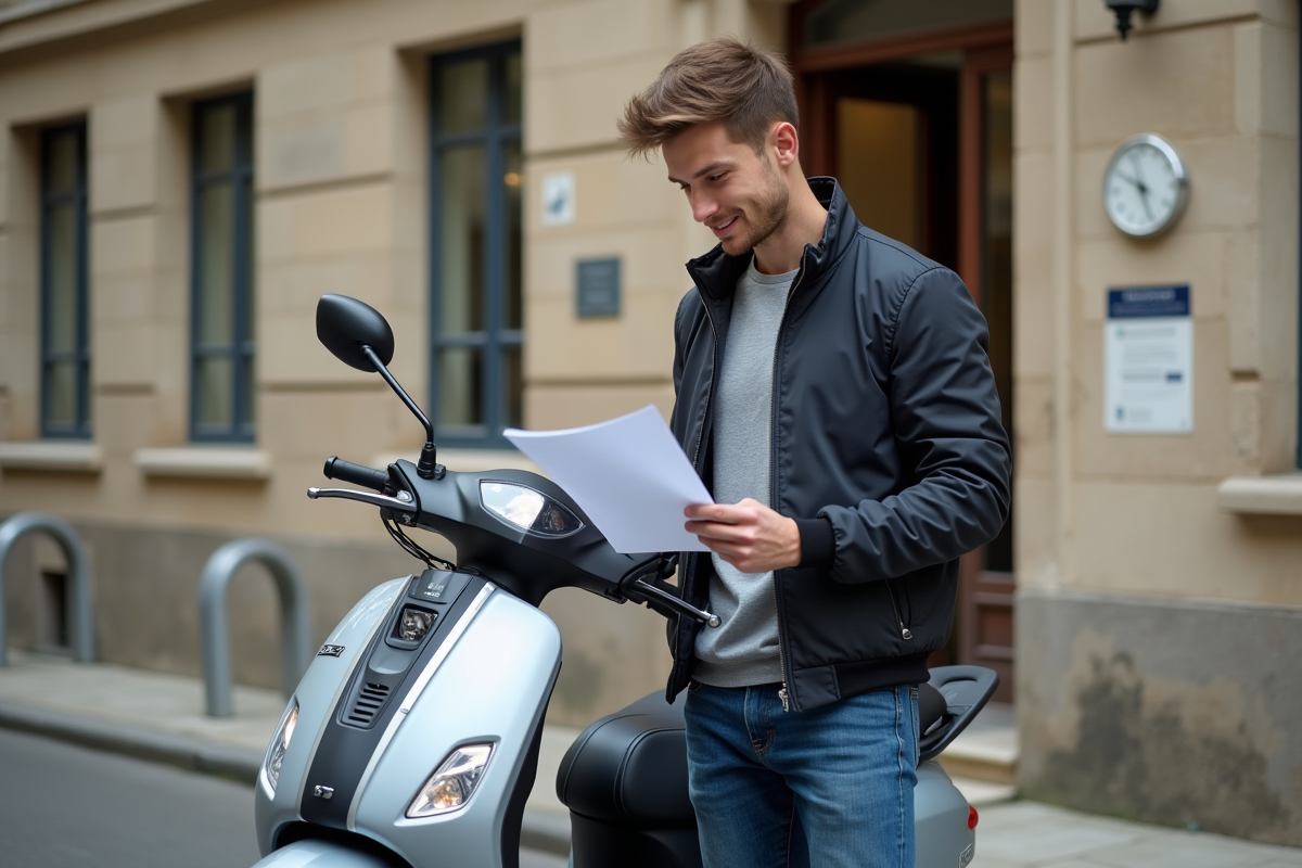 Jeune homme avec scooter 125cc et documents officiels