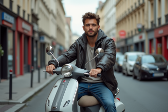 Jeune homme sur scooter en ville avec environnement urbain