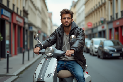 Jeune homme sur scooter en ville avec environnement urbain
