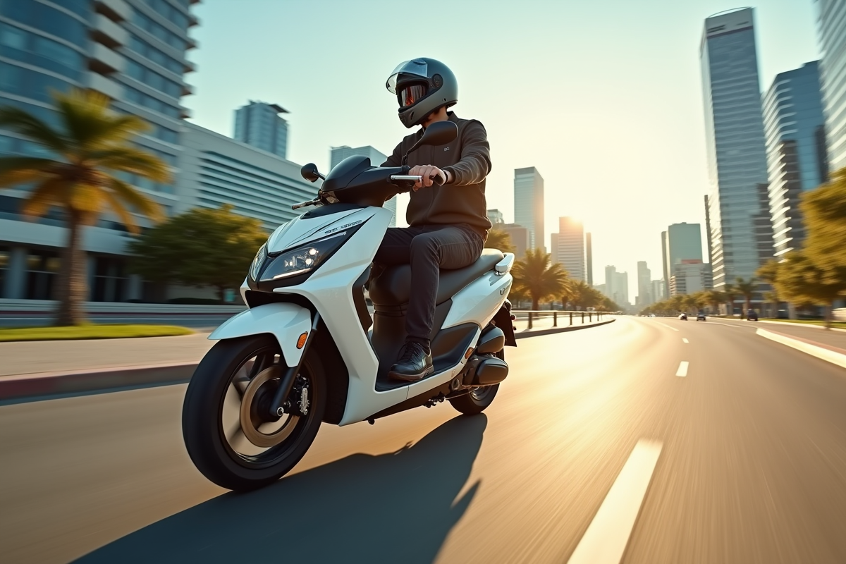 Jeune homme roulant en scooter 125cc en ville en mouvement