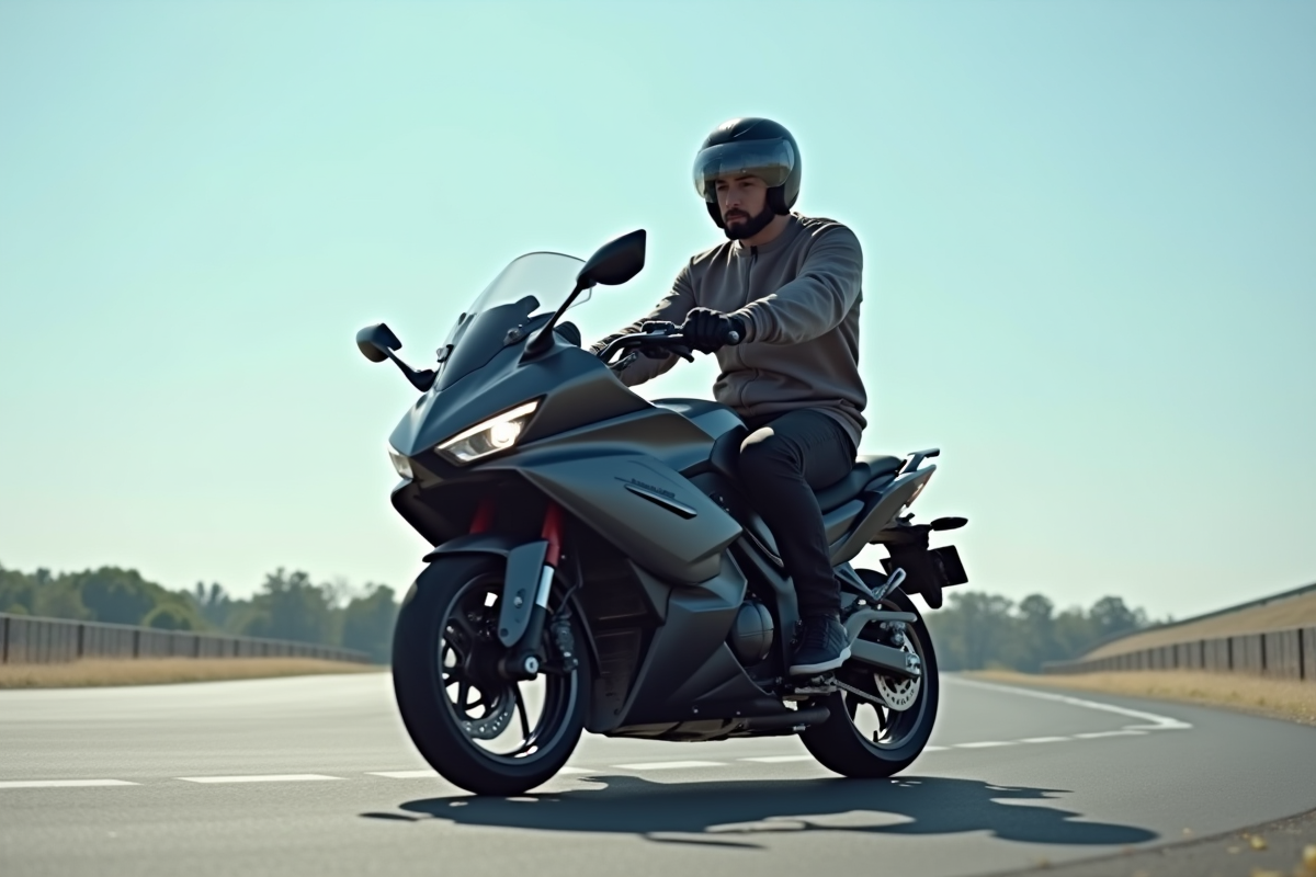 Jeune homme passant le test moto sur piste en protection