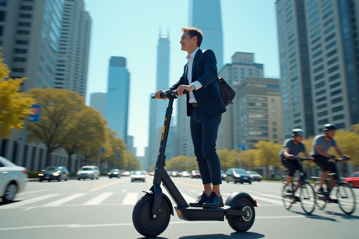 Jeune professionnel en costume roulant en scooter électrique en ville