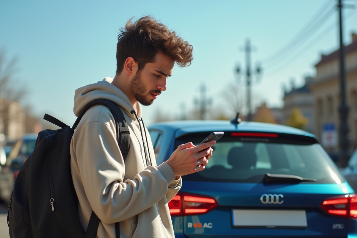 Jeune adulte inquiet regardant un calendrier sur smartphone devant sa voiture