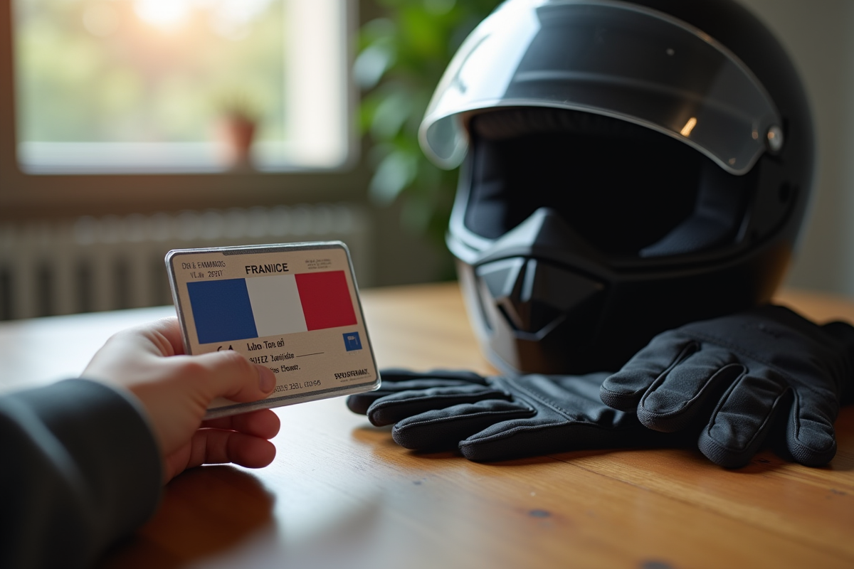 Main tenant une licence moto française avec casque et gants