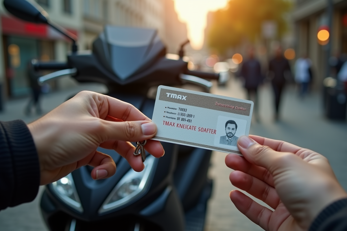 Mains tenant une licence et une clé de scooter Tmax au matin