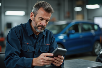 Mécanicien homme en overalls examinant un outil de diagnostic automobile