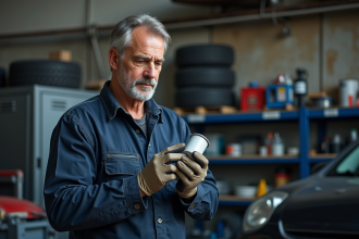 Mécanicien homme examinant un filtre à huile dans un garage