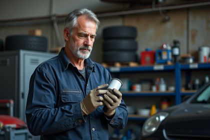 Mécanicien homme examinant un filtre à huile dans un garage
