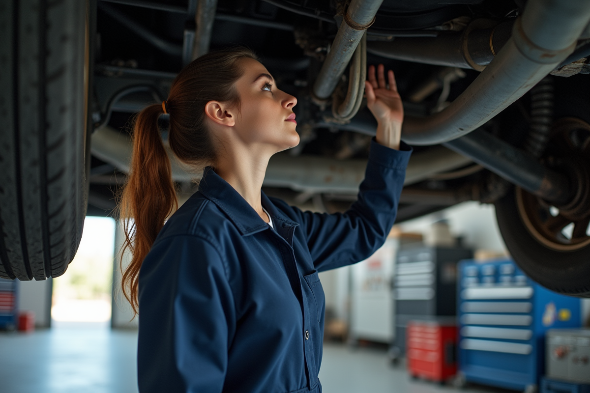 Jeune mécanicienne inspectant un camion en atelier