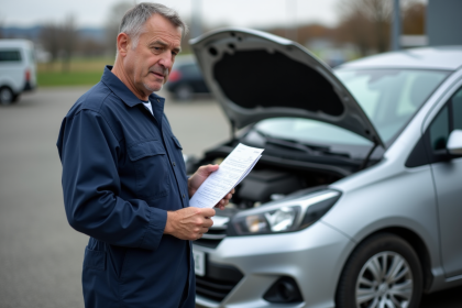 Mécanicien en overalls près d'une voiture en inspection