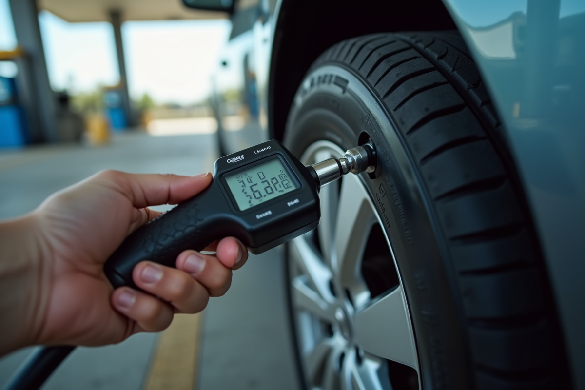 Personne utilisant un manomètre digital sur un pneu de voiture en station essence