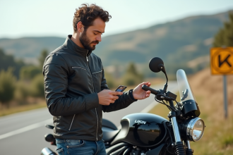 Jeune homme français vérifiant sa licence à côté de sa moto