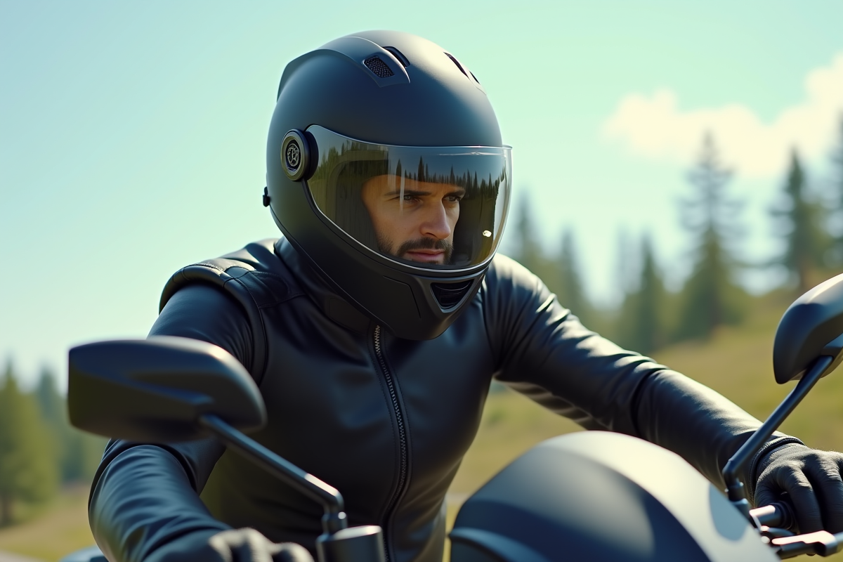 Motard portant casque audio en roulant sur une route ensoleillee