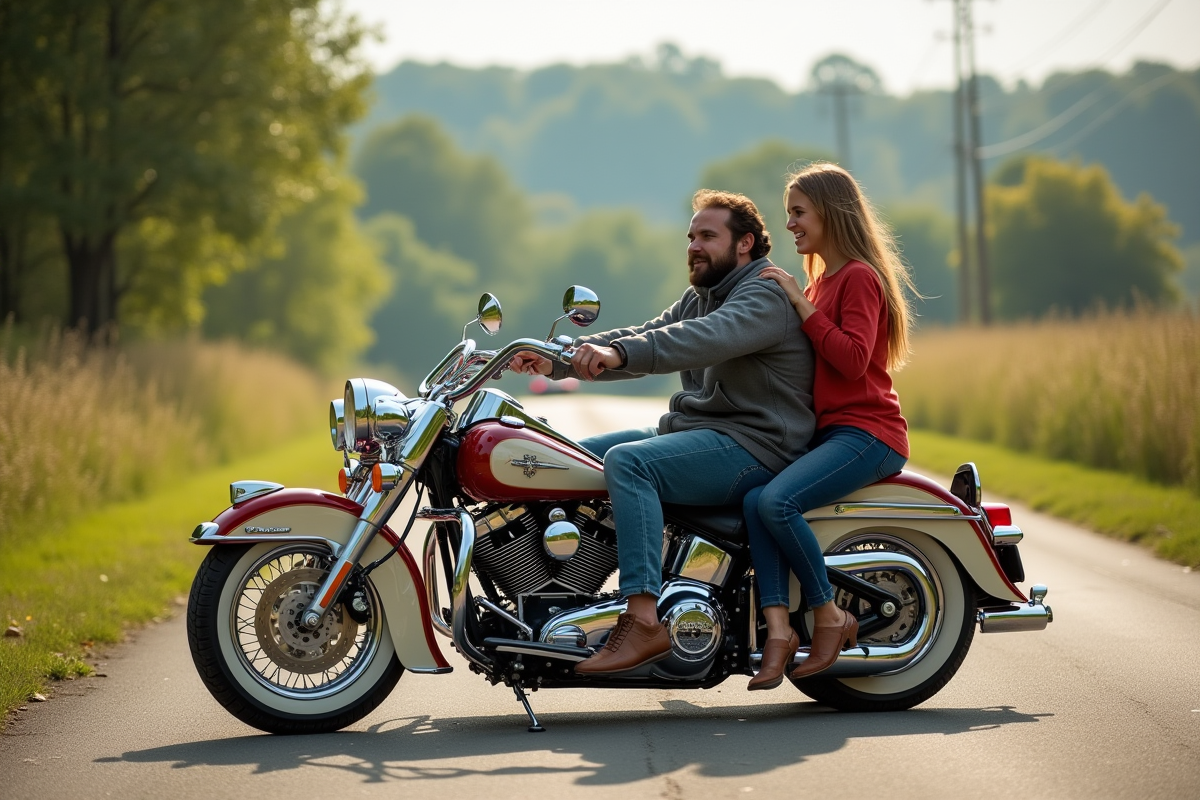 Moto avec sidecar sur route de campagne ensoleillée