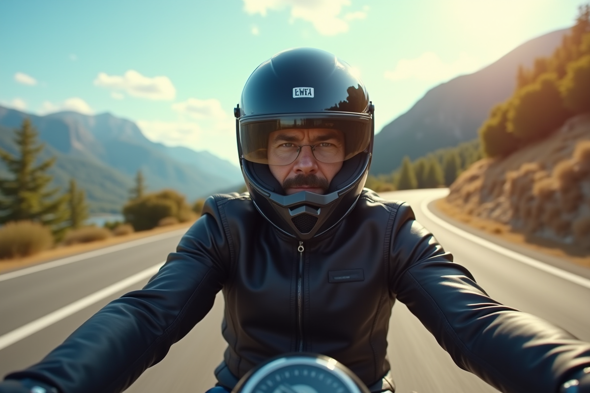 Motocycliste casque intégral en montagne en journée