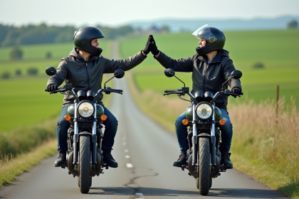 Deux motards saluant dans la campagne verte