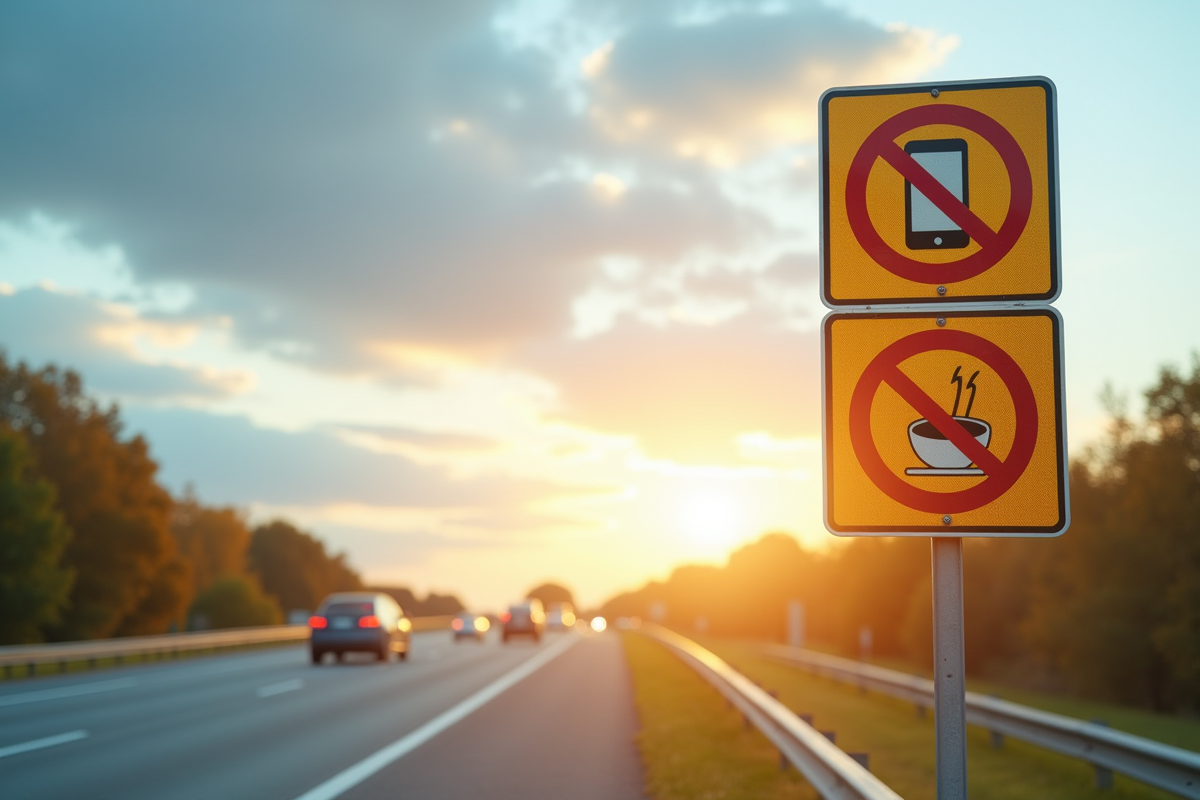 Panneau routier avec symboles d interdiction pour mobile et manger