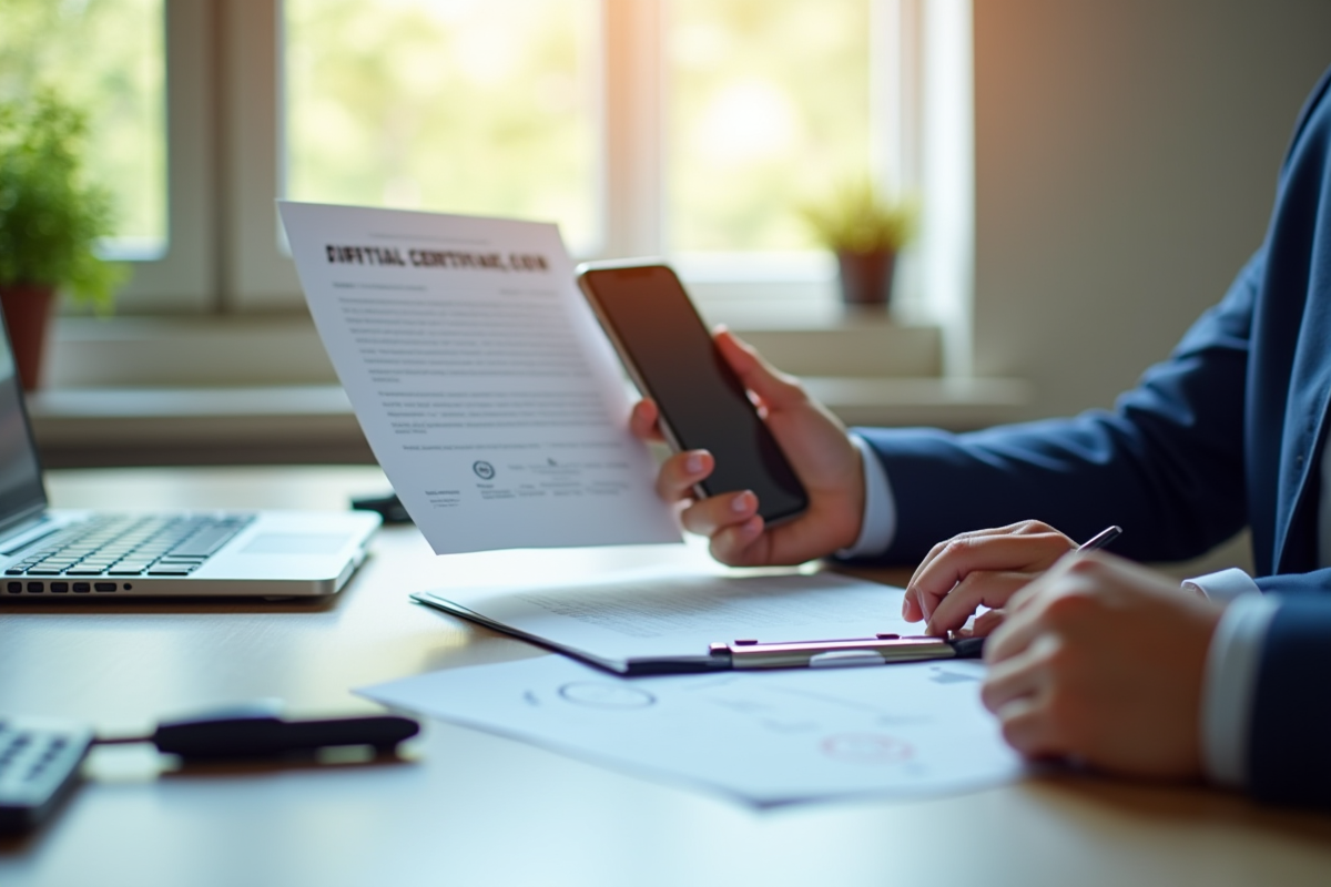 Personne tenant un document de voiture et un smartphone avec certificat digital