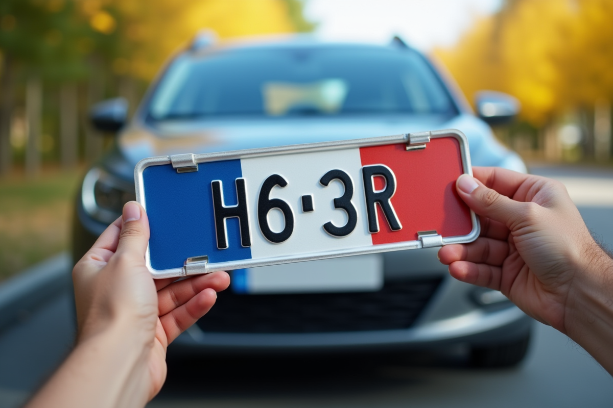 Plaque d'immatriculation française tenue par des mains avec voiture moderne en arrière-plan