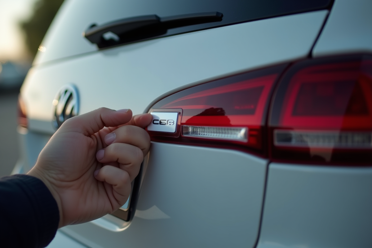 Main posant un sticker magnétique sur une voiture propre
