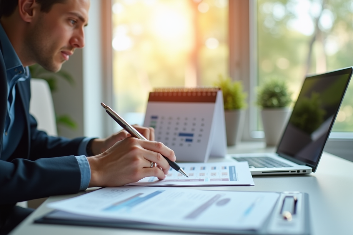 Professionnel examinant documents d'assurance et calendrier