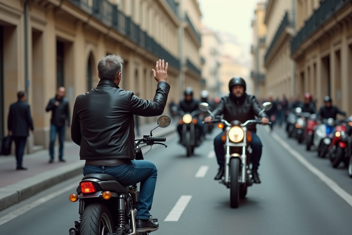 Motard urbain passant en ville avec respect