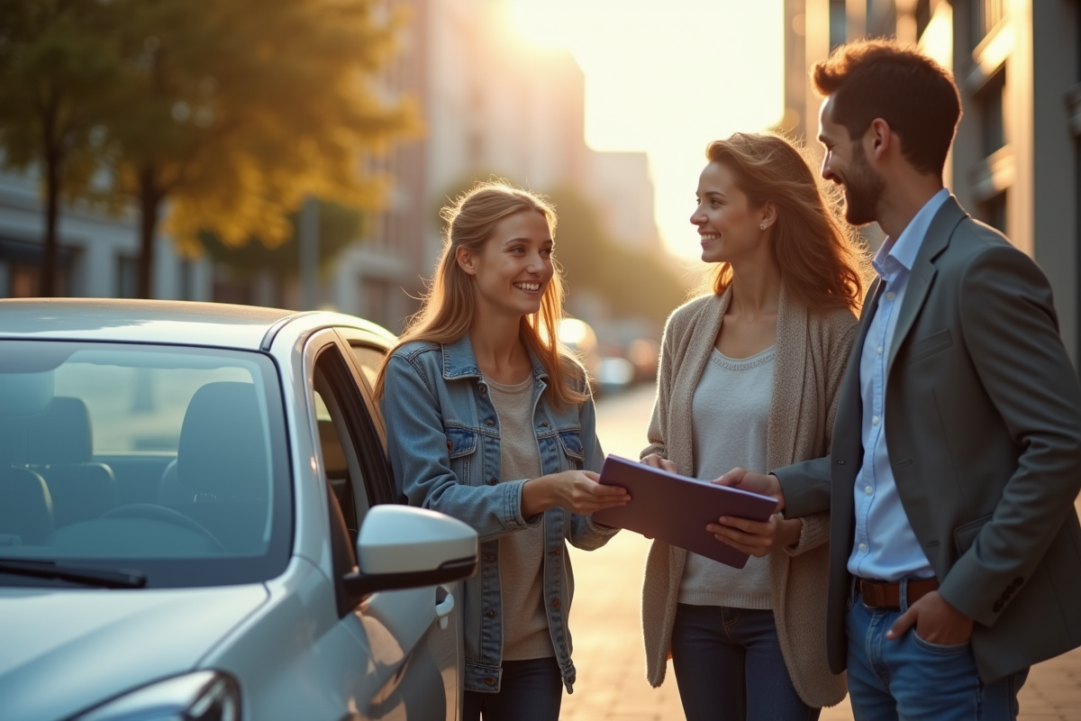 Groupe de personnes recevant des clés de voiture dans une rue ensoleillée