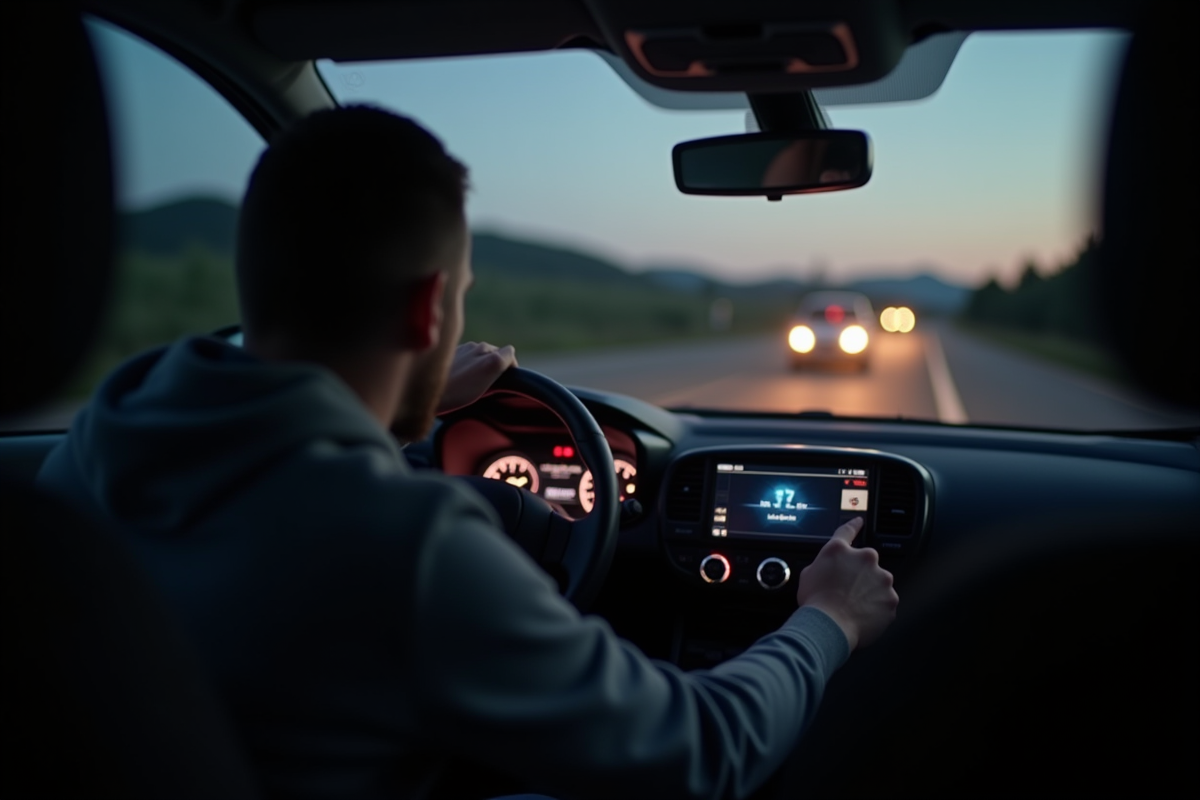 Personne dans une Renault Clio 5 allumant les phares en soirée
