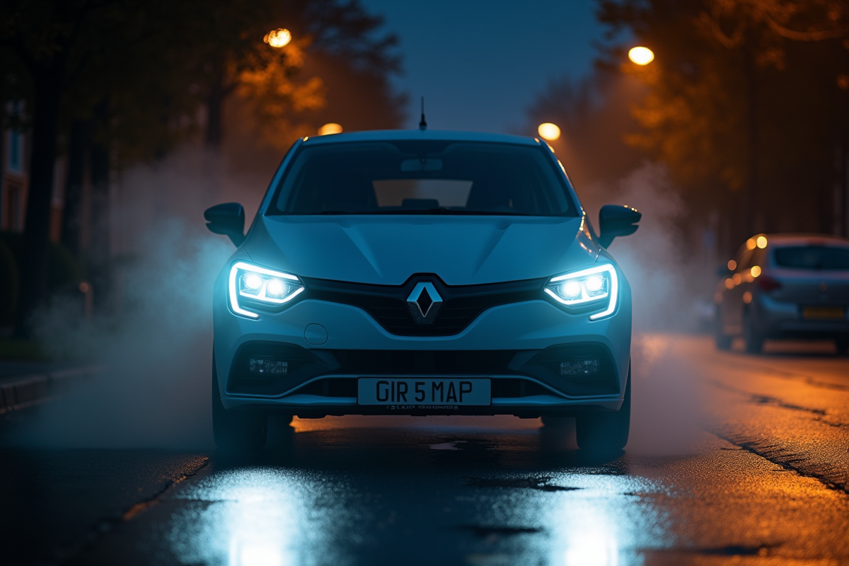 Renault Clio 5 garée la nuit avec phares allumés éclairant la rue