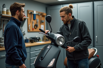 Jeune homme regardant un mécanicien réparer son scooter en atelier