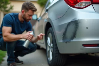 Homme préparant une bombe de peinture carrosserie pour réparer une rayure sur un pare-chocs de voiture argentée
