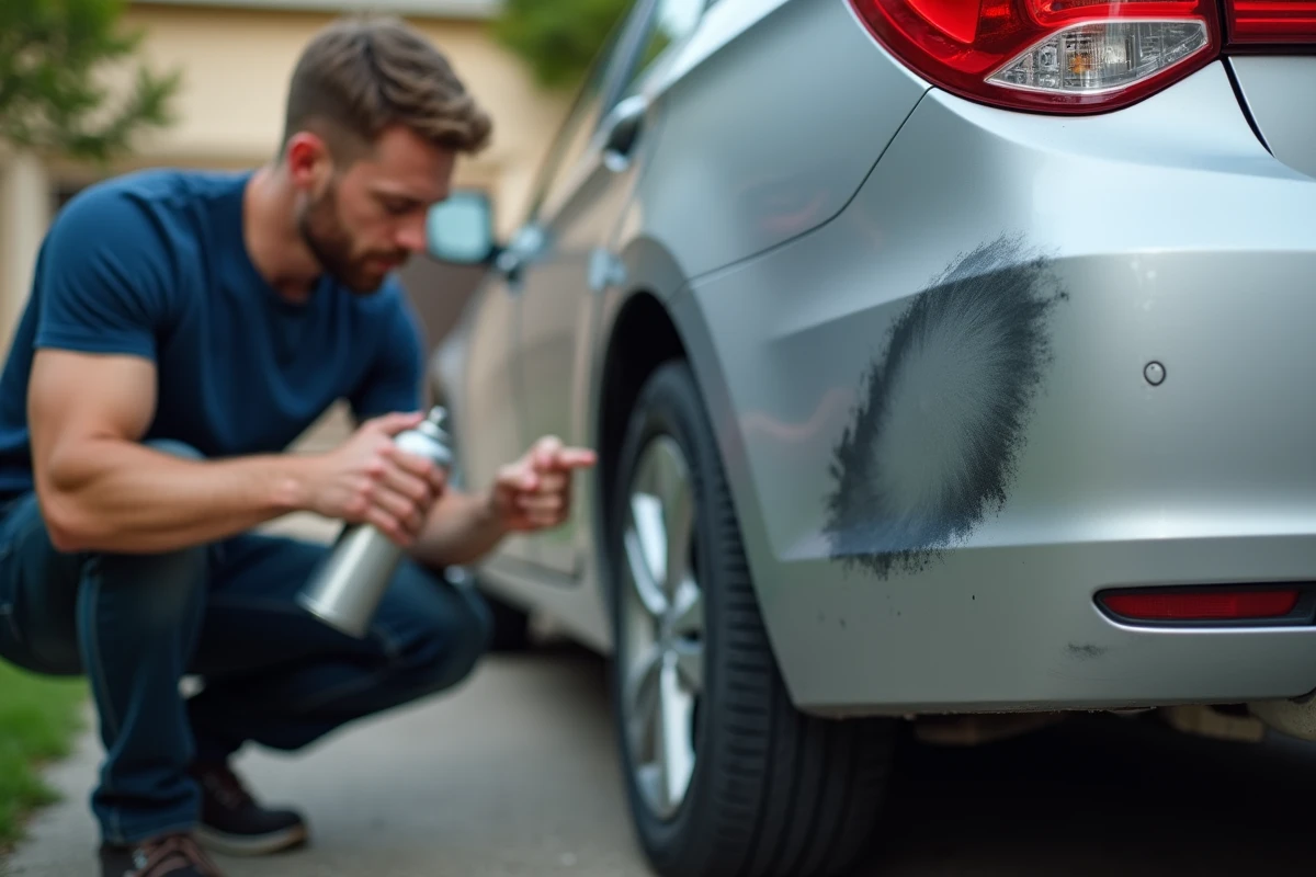Homme préparant une bombe de peinture carrosserie pour réparer une rayure sur un pare-chocs de voiture argentée