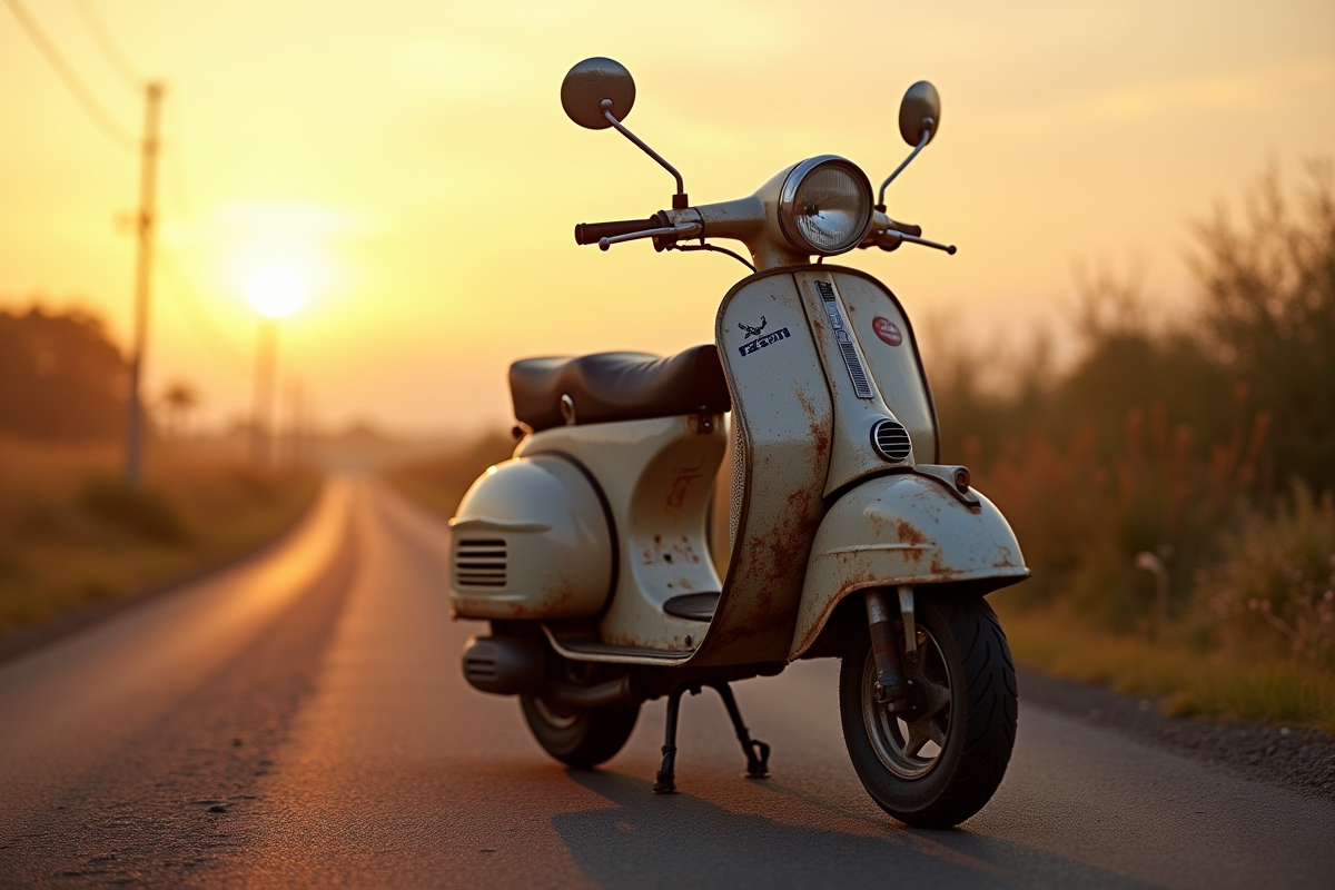 Scooter ancien sur route rurale au lever du soleil