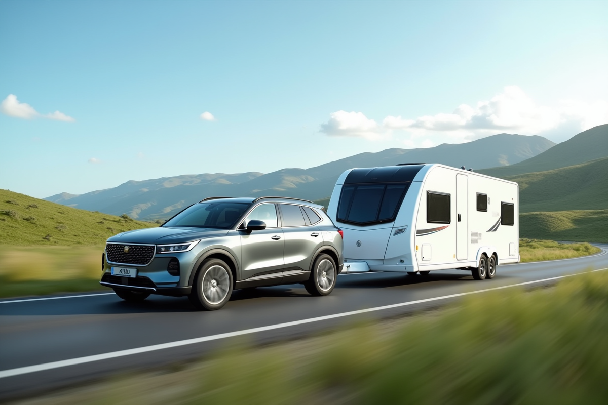 SUV moderne tractant une caravane dans la nature en journée