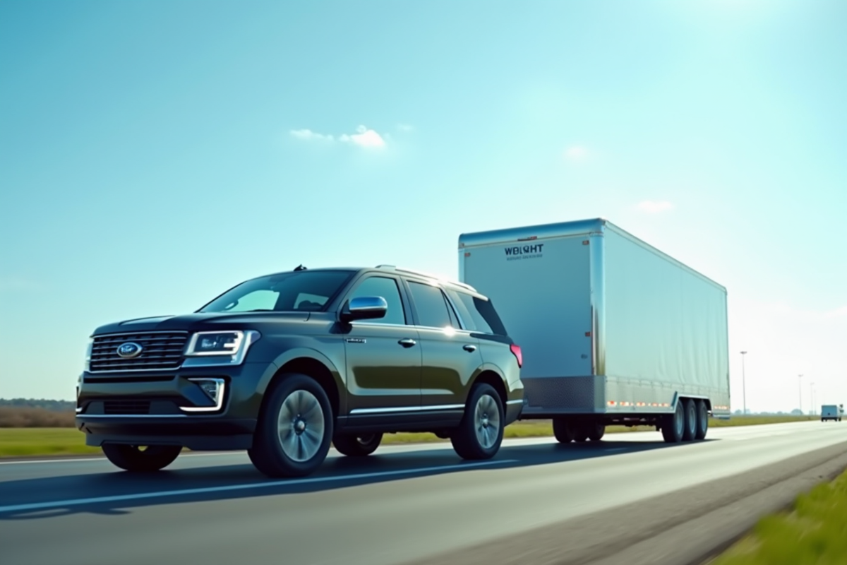 SUV moderne tirant une grande remorque sur une route ensoleillee