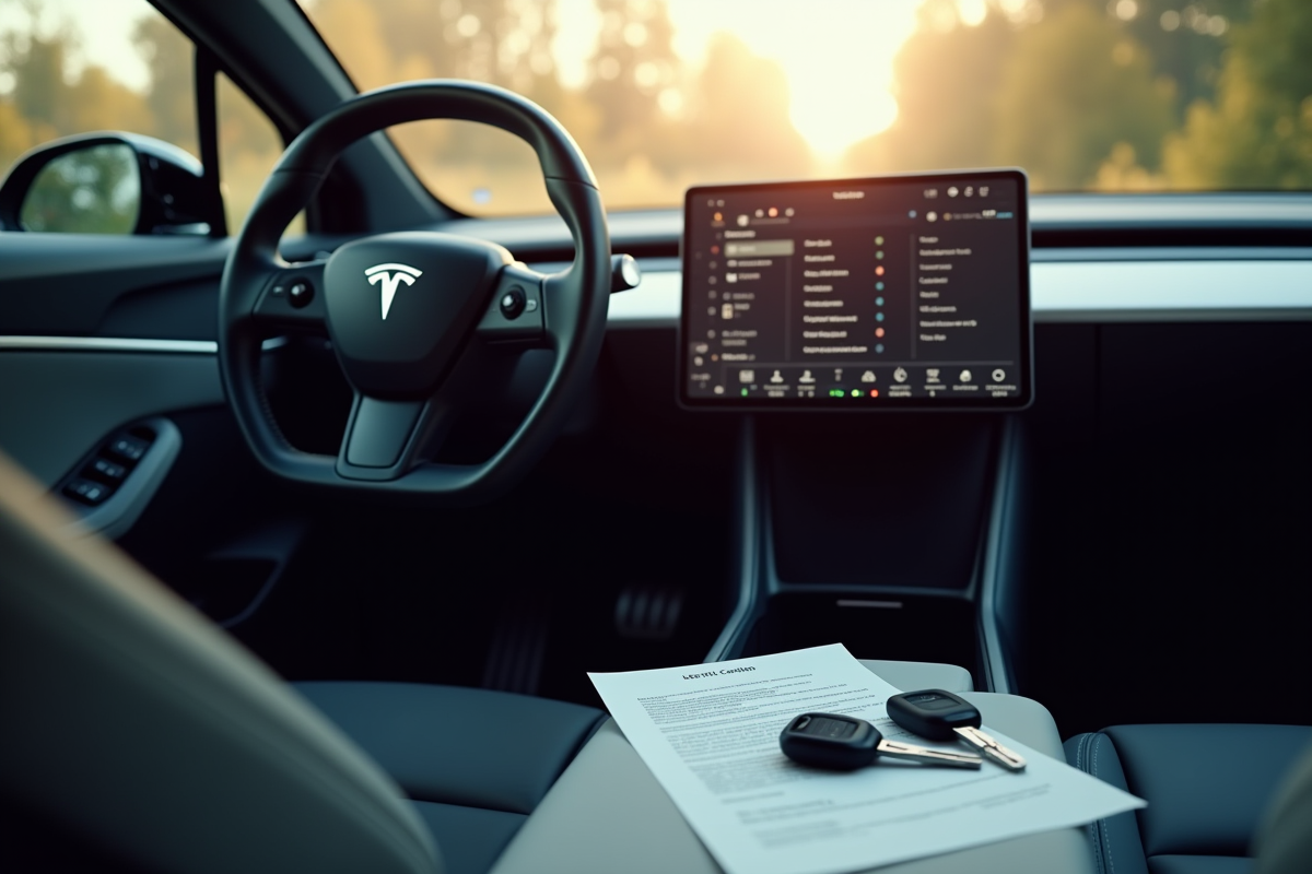 Détail du tableau de bord numérique dans une voiture électrique avec contrat et clés
