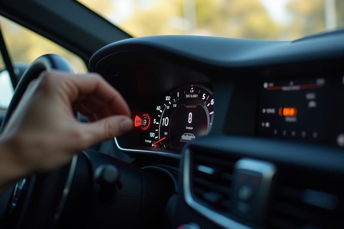 Tableau de bord de voiture avec main éteignant le témoin d'huile