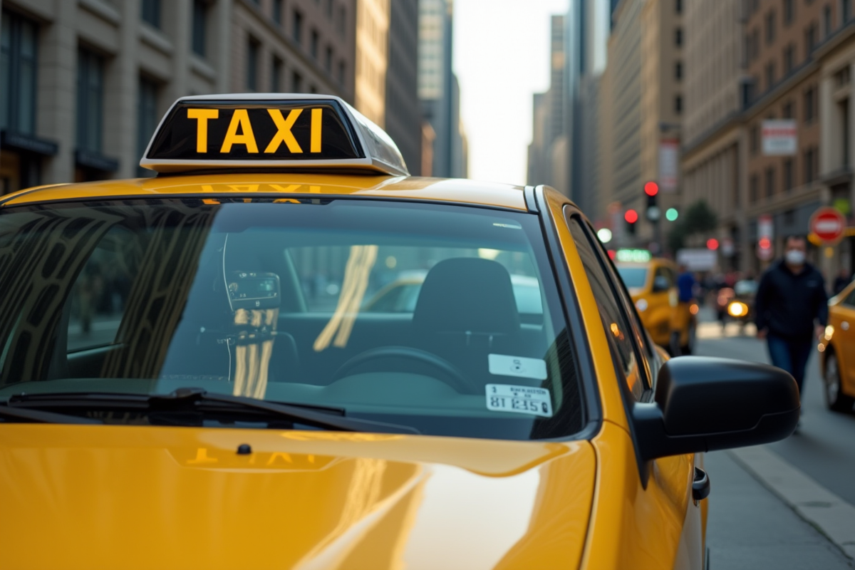 Taxi jaune garé au stand avec compteur digital en ville