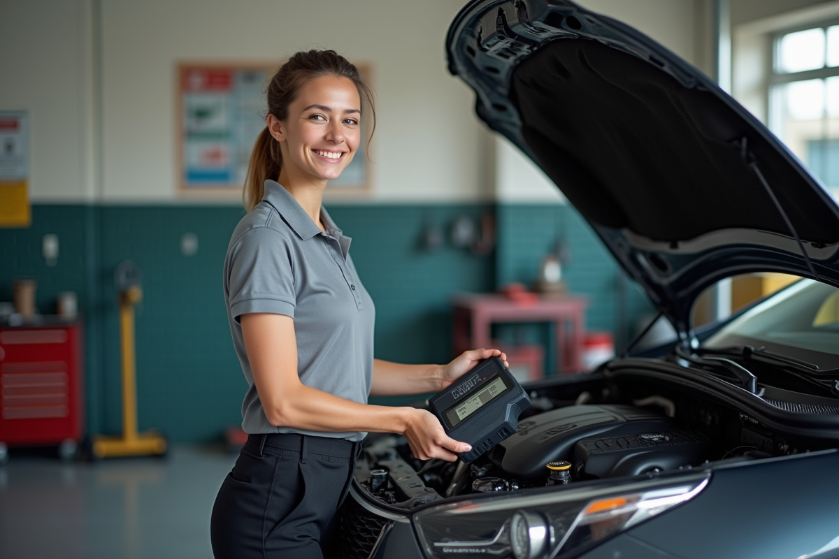 Jeune technicienne connectant un scanner à un moteur de voiture