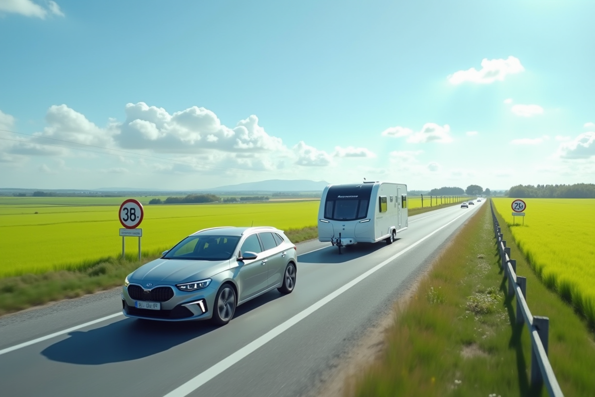 Voiture tractant une caravane moderne sur une route ensoleillee