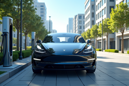 Voiture électrique brillante près station solaire moderne