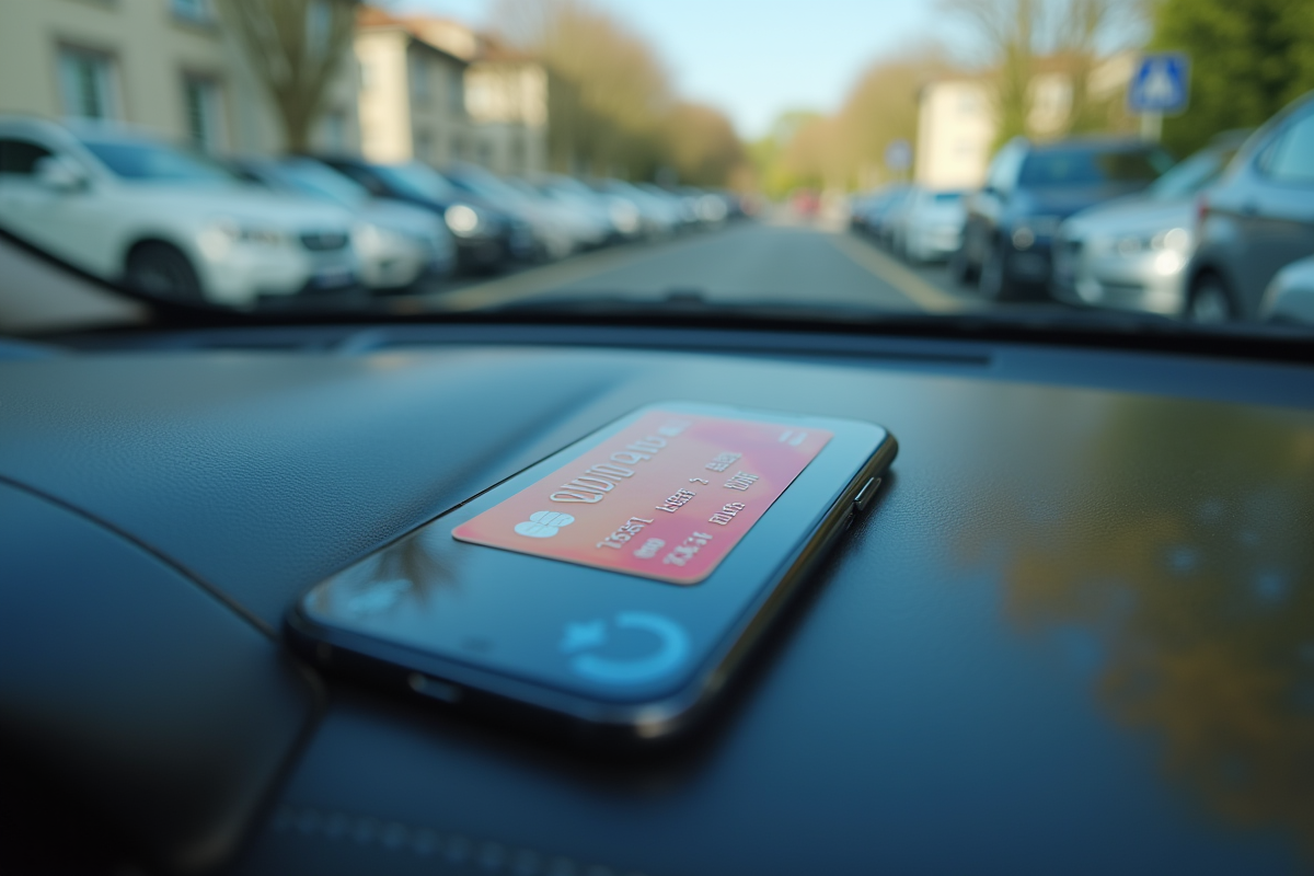 Vue rapprochée d un pare-brise avec sticker carte grise et paiement mobile