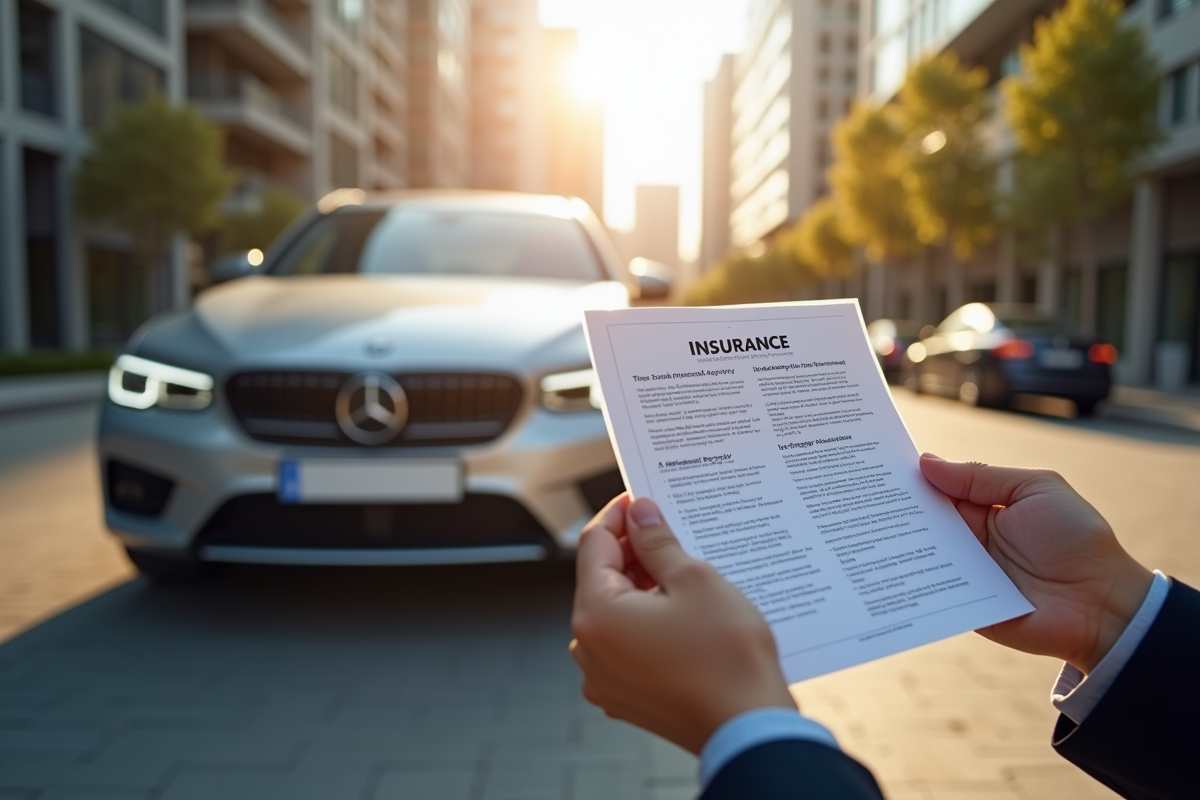 Voiture silver garée en ville avec contrat d'assurance en main