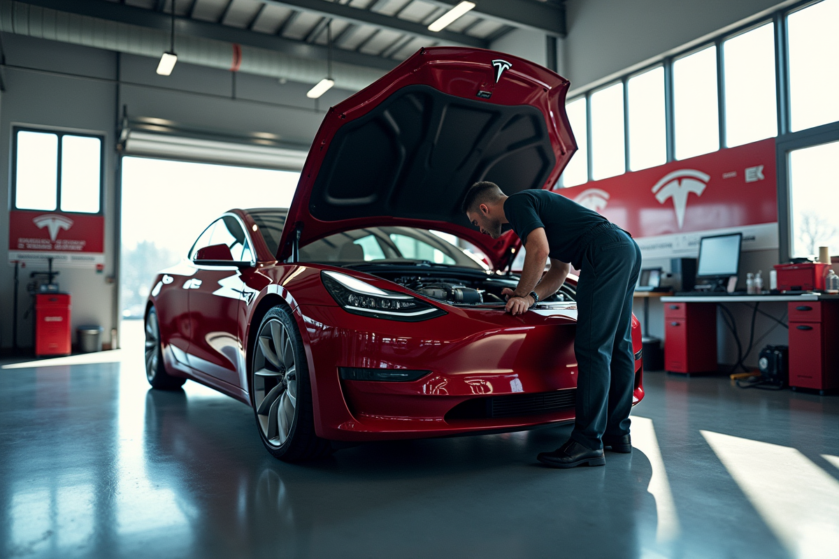 Tesla en atelier garage avec mécanicien et posters