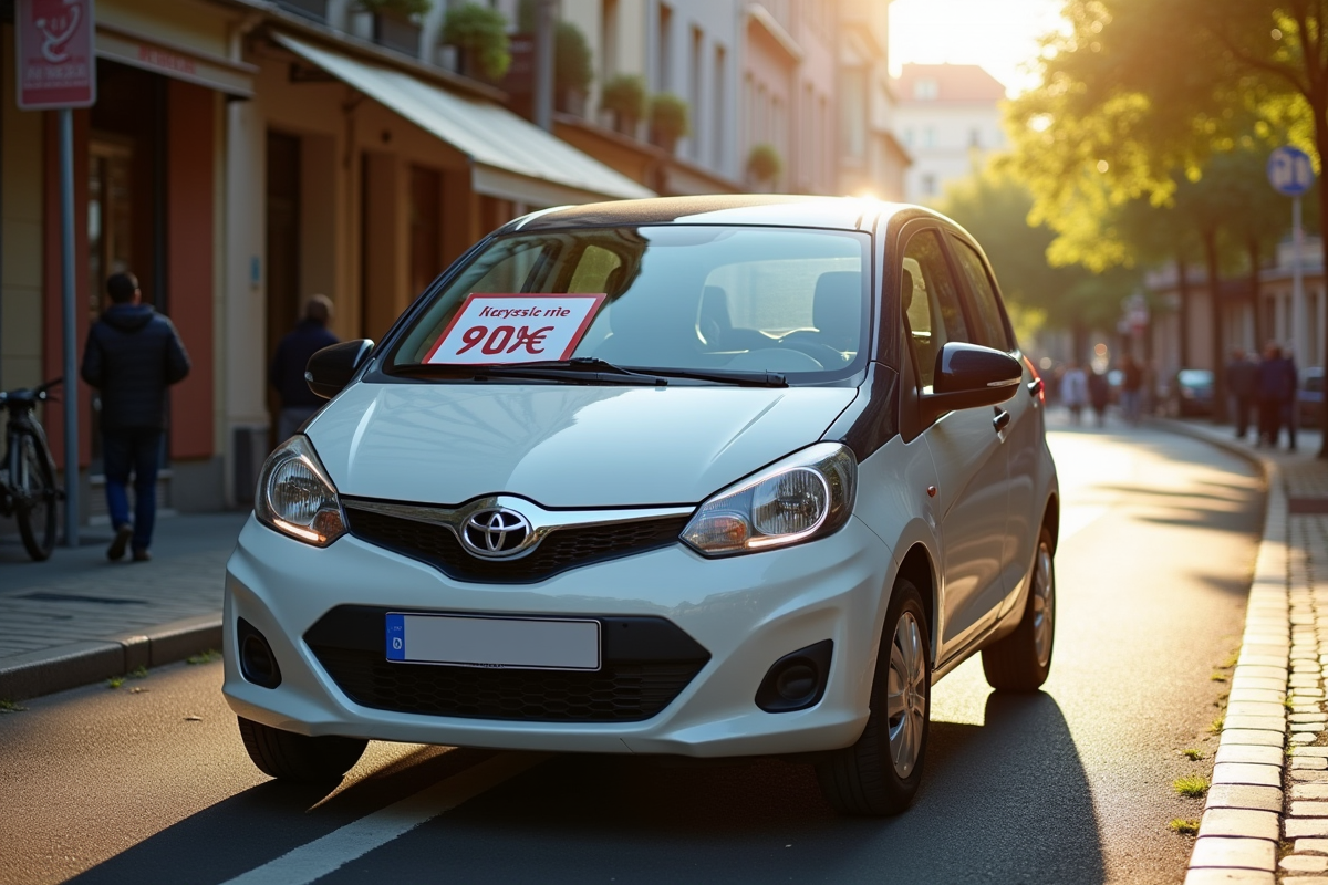 Voiture urbaine avec panneau de prix dans un quartier animé