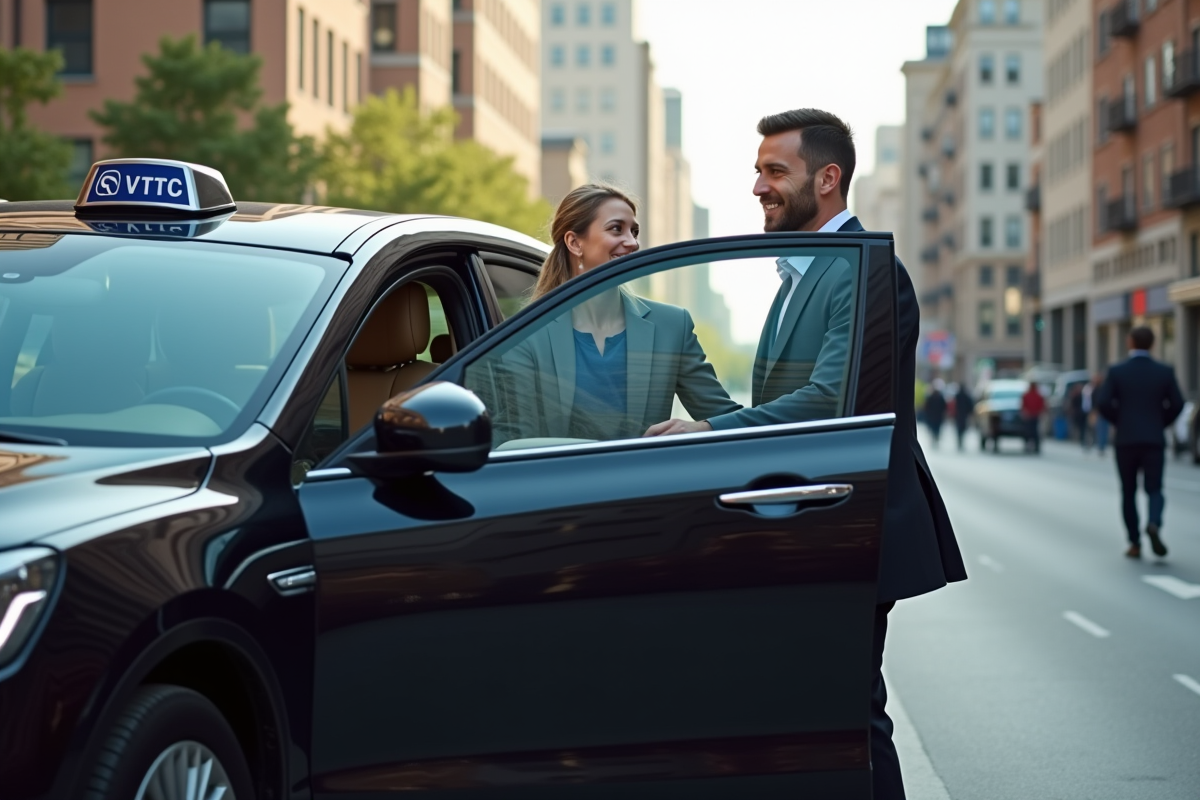 Voiture VTC noire moderne garée en ville avec chauffeur souriant